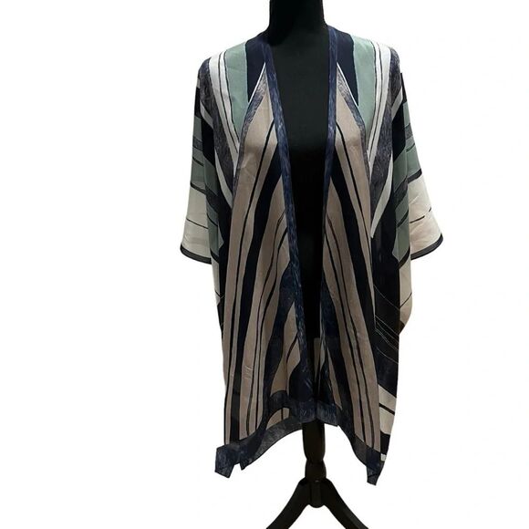 Soft Surroundings Kimono Jacket Silk Open Front Navy Cream One Size - Picture 1 of 15